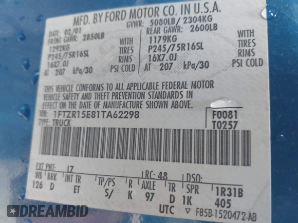 2001 Ford Ranger XL Fleet z VIN 1FTZR15E81TA62298, wystawiony jako IAAI lot #42237038 z przebiegiem 149 994 mil mil oraz . Historia ofert i sprzedaży dostępna na DreamBid. Obrazek 9.