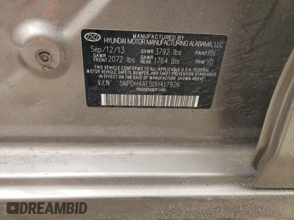 2013 Hyundai Elantra Limited with VIN 5NPDH4AE5DH417926, listed as a Copart auction lot 54222305 with Not Provided miles and Clean Title. Bid and sale history available at DreamBid. Image 12.
