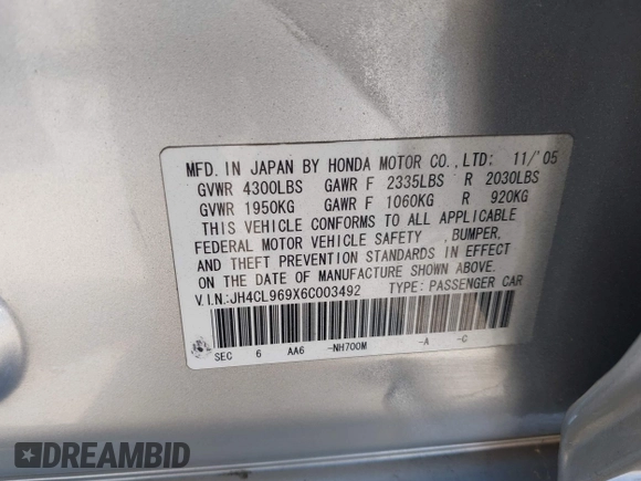 2006 Acura TSX Navi with VIN JH4CL969X6C003492, listed as a IAAI auction lot 42599052 with 121,254 mi miles and . Bid and sale history available at DreamBid. Image 9.