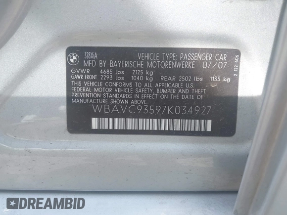 2007 BMW 3 Series 328xi with VIN WBAVC93597K034927, listed as a IAAI auction lot 42009274 with 184,427 mi miles and . Bid and sale history available at DreamBid. Image 9.