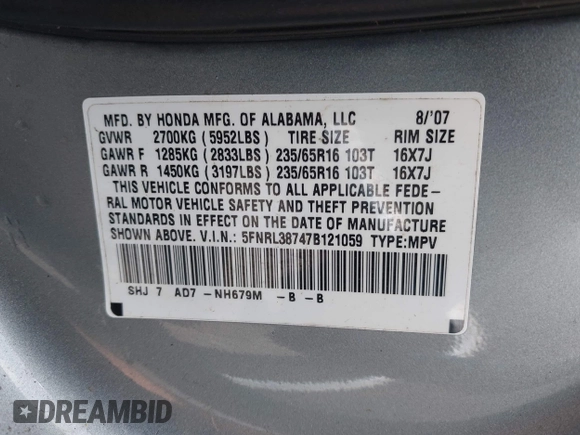 2007 Honda Odyssey EX-L with VIN 5FNRL38747B121059, listed as a IAAI auction lot 42211056 with 171,838 mi miles and . Bid and sale history available at DreamBid. Image 9.