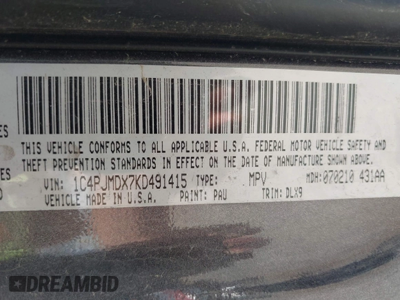 2019 Jeep Cherokee Limited with VIN 1C4PJMDX7KD491415, listed as a IAAI auction lot 39667583 with 65,502 mi miles and . Bid and sale history available at DreamBid. Image 9.