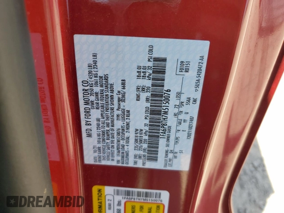 2021 Ford Mustang EcoBoost with VIN 1FA6P8TH7M5150076, listed as a Copart auction lot 59931865 with 27,455 mi miles and Salvage title. Bid and sale history available at DreamBid. Image 12.