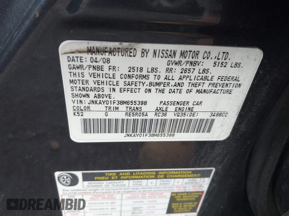 2008 Infiniti M with VIN JNKAY01F38M655398, listed as a IAAI auction lot 42374493 with 137,411 mi miles and . Bid and sale history available at DreamBid. Image 9.