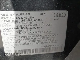 2020 Audi SQ5 Premium Plus with VIN WA1B4AFY0L2059116, listed as a IAAI auction lot 42009082 with 103,896 mi miles. Bid and sale history available at carsss.com. Image 9.