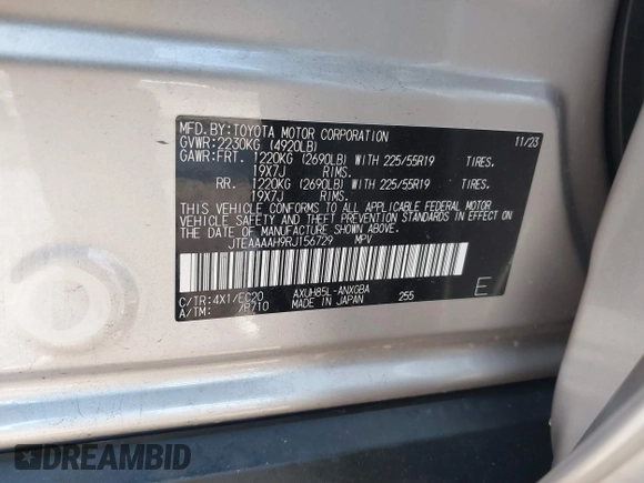 2024 Toyota Venza LE z VIN JTEAAAAH9RJ156729, wystawiony jako IAAI lot #41210034 z przebiegiem 8 132 mil mil oraz . Historia ofert i sprzedaży dostępna na DreamBid. Obrazek 9.