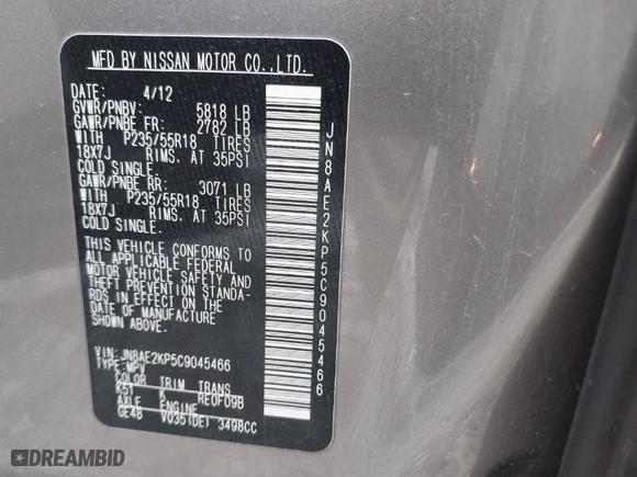 2012 Nissan Quest SL with VIN JN8AE2KP5C9045466, listed as a IAAI auction lot 41740388 with 157,223 mi miles. Bid and sale history available at carsss.com. Image 9.