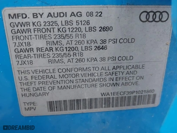 2023 Audi Q3 S line Premium Plus with VIN WA1EECF39P1021860, listed as a IAAI auction lot 41472350 with 24,752 mi miles. Bid and sale history available at carsss.com. Image 9.