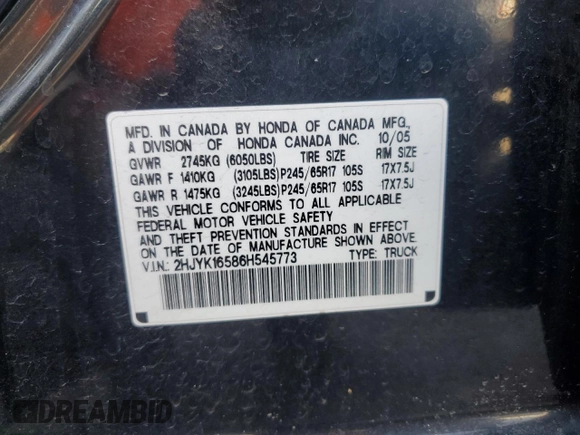 2006 Honda Ridgeline RTL z VIN 2HJYK16586H545773, wystawiony jako Copart lot #58658325 z przebiegiem 166 355 mil mil oraz Czysty tytuł • Clean title. Historia ofert i sprzedaży dostępna na DreamBid. Obrazek 12.