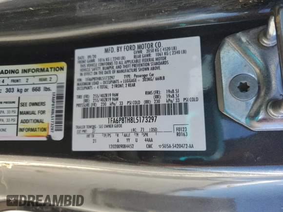 2020 Ford Mustang EcoBoost with VIN 1FA6P8TH8L5173297, listed as a Copart auction lot 44073905 with 53,020 mi miles and Salvage Title. Bid and sale history available at carsss.com. Image 12.