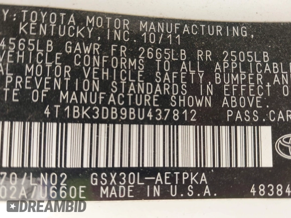 2011 Toyota Avalon with VIN 4T1BK3DB9BU437812, listed as a IAAI auction lot 42056518 with 126,239 mi miles and . Bid and sale history available at carsss.com. Image 9.