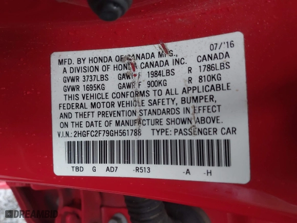 2016 Honda Civic Sedan EX with VIN 2HGFC2F79GH561788, listed as a IAAI auction lot 42009441 with 84,064 mi miles. Bid and sale history available at carsss.com. Image 9.