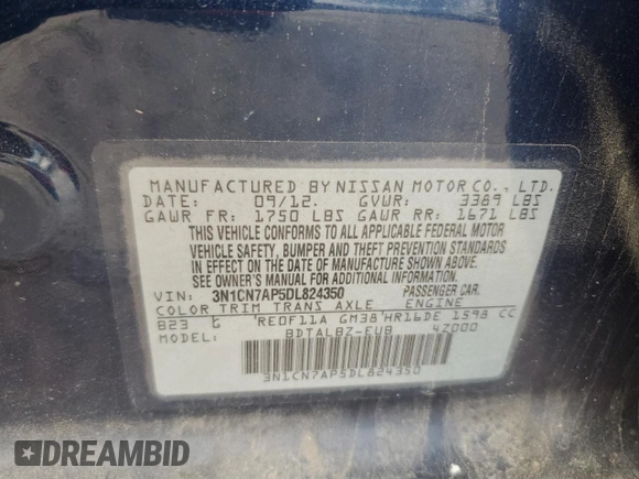 2013 Nissan Versa SV with VIN 3N1CN7AP5DL824350, listed as a Copart auction lot 65043115 with 120,976 mi miles and Clean title. Bid and sale history available at DreamBid. Image 12.