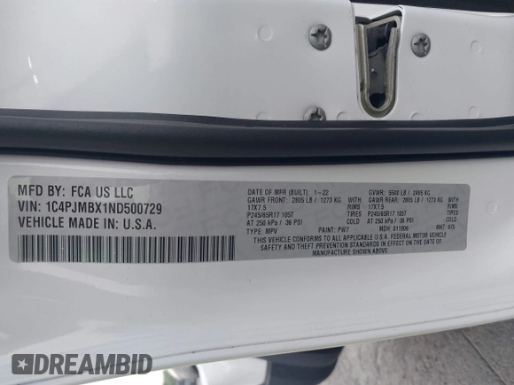 2022 Jeep Cherokee Trailhawk with VIN 1C4PJMBX1ND500729, listed as a IAAI auction lot 42235098 with 60,354 mi miles and . Bid and sale history available at DreamBid. Image 9.