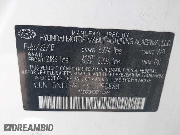 2017 Hyundai Elantra SE with VIN 5NPD74LF3HH195868, listed as a IAAI auction lot 41615994 with 100,705 mi miles and . Bid and sale history available at DreamBid. Image 9.