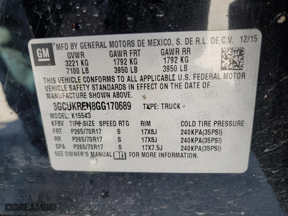 2016 Chevrolet Silverado 1500 LT with VIN 3GCUKREH8GG170689, listed as a Copart auction lot 52106825 with 197,206 mi miles and Salvage Title. Bid and sale history available at carsss.com. Image 13.