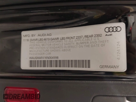 2019 Audi A4 Premium z VIN WAUGMAF41KN004998, wystawiony jako IAAI lot #41396015 z przebiegiem 31 438 mil mil oraz . Historia ofert i sprzedaży dostępna na DreamBid. Obrazek 9.