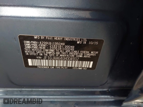 2016 Subaru Impreza z VIN JF1GJAA64GH004932, wystawiony jako IAAI lot #41652329 z przebiegiem 101 016 mil mil oraz . Historia ofert i sprzedaży dostępna na DreamBid. Obrazek 9.