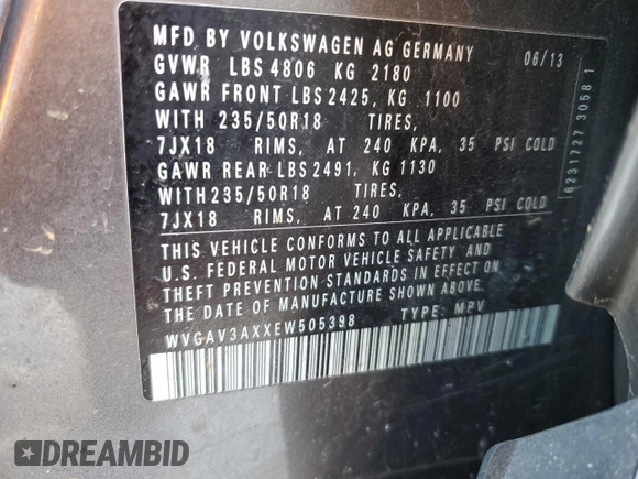 2014 Volkswagen Tiguan SE z VIN WVGAV3AXXEW505398, wystawiony jako Copart lot #41682155 z przebiegiem 137 147 mil mil oraz Nie do naprawy • Non repairable. Historia ofert i sprzedaży dostępna na DreamBid. Obrazek 14.