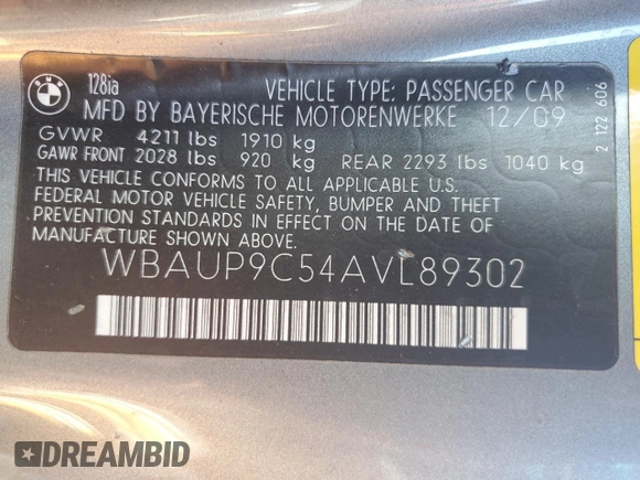 2010 BMW 1 Series 128i with VIN WBAUP9C54AVL89302, listed as a Copart auction lot 76716114 with 65,882 mi miles and Salvage Title. Bid and sale history available at DreamBid. Image 12.
