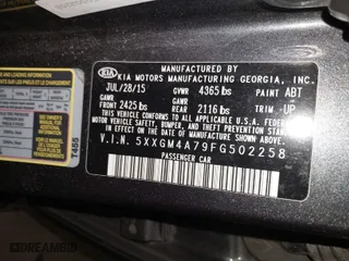2015 Kia Optima LX with VIN 5XXGM4A79FG502258, listed as a IAAI auction lot 41279795 with 92,090 mi miles. Bid and sale history available at carsss.com. Image 9.