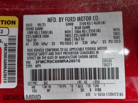 2021 Ford Bronco Sport Outer Banks with VIN 3FMCR9C68MRA28010, listed as a IAAI auction lot 42194293 with 167,048 mi miles and . Bid and sale history available at DreamBid. Image 9.