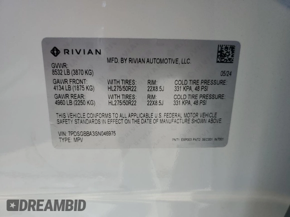 2025 Rivian R1S Adventure z VIN 7PDSGBBA3SN046975, wystawiony jako Copart lot #42880125 z przebiegiem Nie podano mil oraz Szkoda całkowita • Salvage title. Historia ofert i sprzedaży dostępna na DreamBid. Obrazek 12.