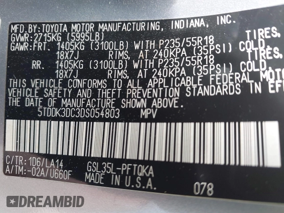 2013 Toyota Sienna XLE with VIN 5TDDK3DC3DS054803, listed as a IAAI auction lot 42389252 with 185,843 mi miles and . Bid and sale history available at DreamBid. Image 9.