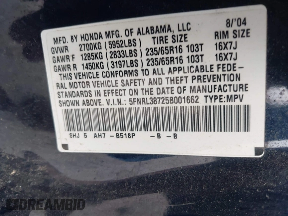 2005 Honda Odyssey EX-L with VIN 5FNRL38725B001662, listed as a IAAI auction lot 42693301 with 161,114 mi miles and . Bid and sale history available at DreamBid. Image 9.