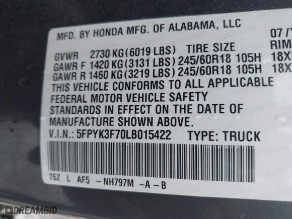2020 Honda Ridgeline RTL-E with VIN 5FPYK3F70LB015422, listed as a IAAI auction lot 41578369 with 78,860 mi miles. Bid and sale history available at carsss.com. Image 9.