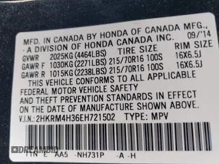2014 Honda CR-V LX with VIN 2HKRM4H36EH721502, listed as a IAAI auction lot 42070358 with 129,319 mi miles. Bid and sale history available at carsss.com. Image 9.