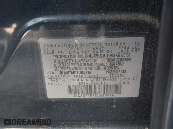 2014 Nissan Sentra SV with VIN 3N1AB7AP7EL683816, listed as a IAAI auction lot 42501255 with 213,450 mi miles and . Bid and sale history available at DreamBid. Image 9.