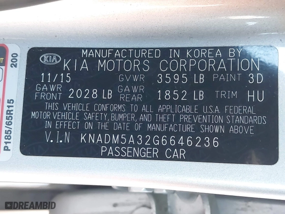 2016 Kia Rio LX with VIN KNADM5A32G6646236, listed as a IAAI auction lot 41593659 with 85,127 mi miles. Bid and sale history available at carsss.com. Image 9.