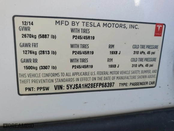 2014 Tesla Model S P85D with VIN 5YJSA1H28EFP68397, listed as a Copart auction lot 83464964 with 76,716 mi miles and Salvage Title. Bid and sale history available at carsss.com. Image 15.