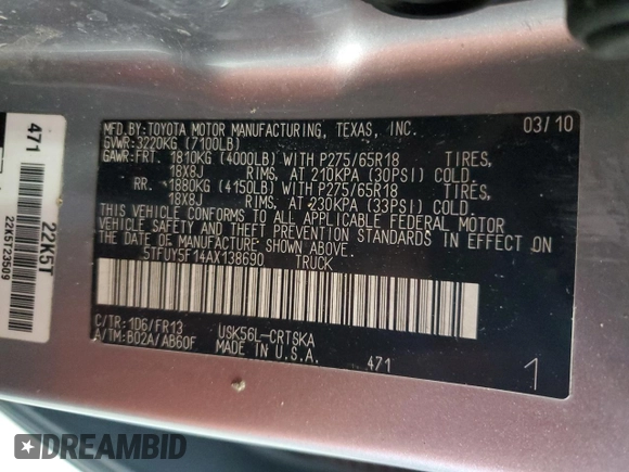 2010 Toyota Tundra 4WD Truck with VIN 5TFUY5F14AX138690, listed as a Copart auction lot 70699574 with 207,326 mi miles and Clean Title. Bid and sale history available at carsss.com. Image 12.