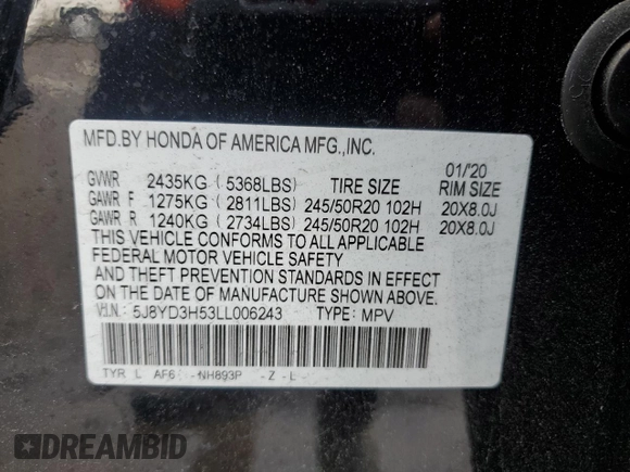 2020 Acura MDX w/Technology Pkg with VIN 5J8YD3H53LL006243, listed as a Copart auction lot 42594845 with 0 mi miles and Salvage Title. Bid and sale history available at carsss.com. Image 14.