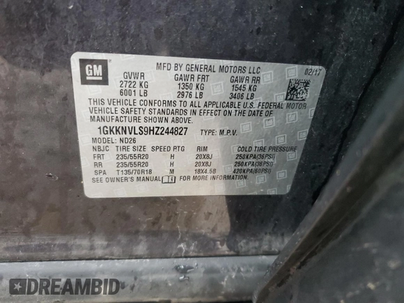 2017 GMC Acadia SLT with VIN 1GKKNVLS9HZ244827, listed as a Copart auction lot 85235574 with 89,710 mi miles and Salvage Title. Bid and sale history available at DreamBid. Image 13.