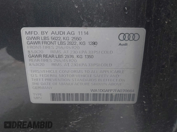 2015 Audi Q5 Premium Plus with VIN WA1DGAFP7FA070664, listed as a IAAI auction lot 42133457 with 147,291 mi miles and . Bid and sale history available at DreamBid. Image 9.