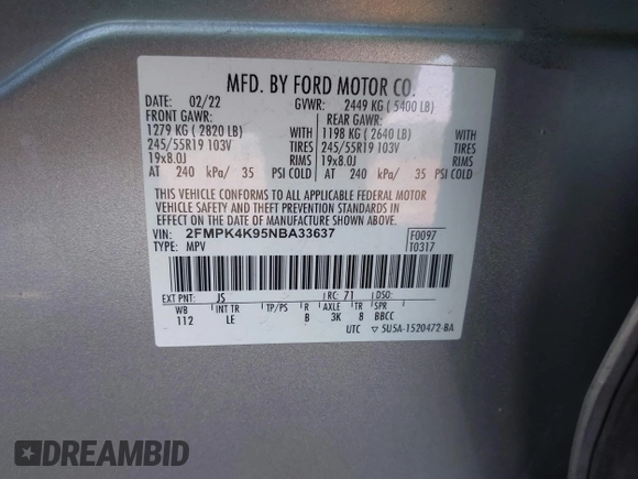 2022 Ford Edge Titanium z VIN 2FMPK4K95NBA33637, wystawiony jako IAAI lot #42074777 z przebiegiem 58 733 mil mil oraz . Historia ofert i sprzedaży dostępna na DreamBid. Obrazek 9.