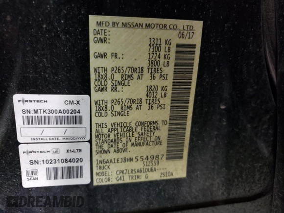 2017 Nissan Titan S with VIN 1N6AA1EJ8HN554987, listed as a Copart auction lot 65796694 with 69,021 mi miles and Clean Title. Bid and sale history available at carsss.com. Image 12.