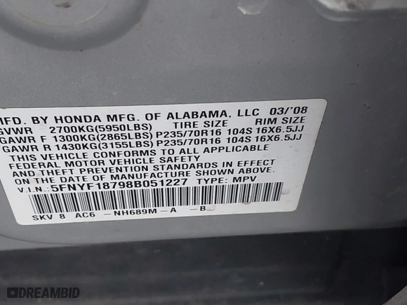2008 Honda Pilot EX-L with VIN 5FNYF18798B051227, listed as a IAAI auction lot 41593993 with 190,783 mi miles. Bid and sale history available at carsss.com. Image 9.