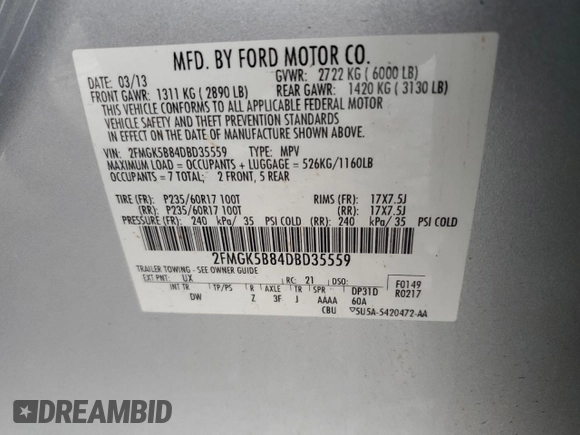 2013 Ford Flex SE with VIN 2FMGK5B84DBD35559, listed as a Copart auction lot 43579155 with 132,849 mi miles and Salvage Title. Bid and sale history available at carsss.com. Image 15.