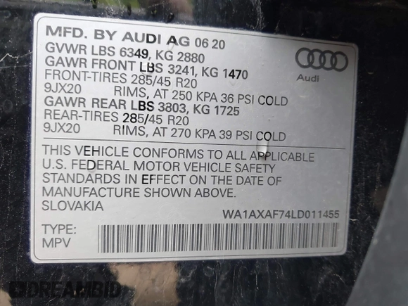 2020 Audi Q7 Premium with VIN WA1AXAF74LD011455, listed as a IAAI auction lot 41674599 with 37,561 mi miles. Bid and sale history available at carsss.com. Image 9.
