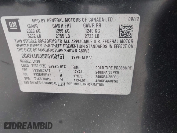 2013 GMC Terrain SLT with VIN 2GKFLUE35D6163157, listed as a IAAI auction lot 41561107 with 234,403 mi miles and . Bid and sale history available at carsss.com. Image 9.