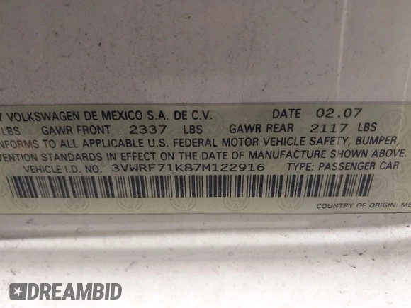 2007 Volkswagen Jetta 2.5 with VIN 3VWRF71K87M122916, listed as a IAAI auction lot 42299956 with 164,536 mi miles and . Bid and sale history available at DreamBid. Image 9.