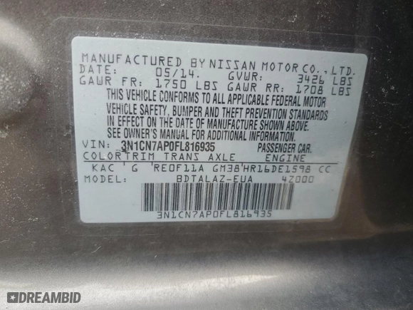 2015 Nissan Versa S Plus with VIN 3N1CN7AP0FL816935, listed as a Copart auction lot 47127545 with 81,588 mi miles and Salvage Title. Bid and sale history available at carsss.com. Image 12.