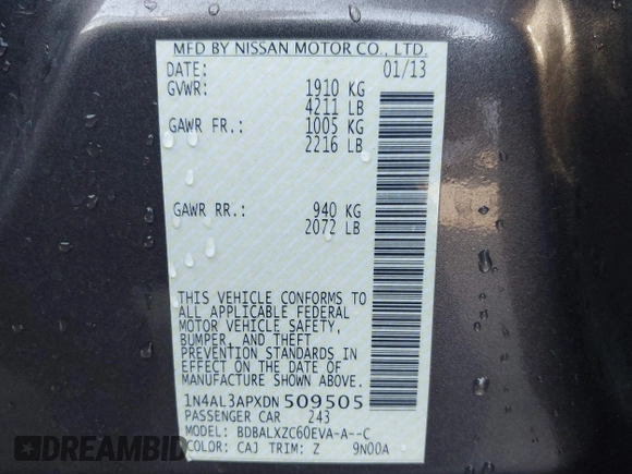 2013 Nissan Altima SV with VIN 1N4AL3APXDN509505, listed as a IAAI auction lot 41967363 with 133,122 mi miles and . Bid and sale history available at carsss.com. Image 9.
