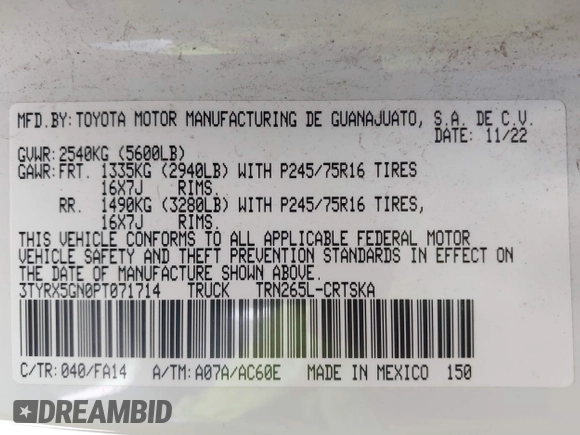 2023 Toyota Tacoma SR с VIN 3TYRX5GN0PT071714, выставлен на аукционе IAAI как лот 41309531 с пробегом 45 722 миль миль и . История ставок и продаж доступна на DreamBid. Изображение 9.