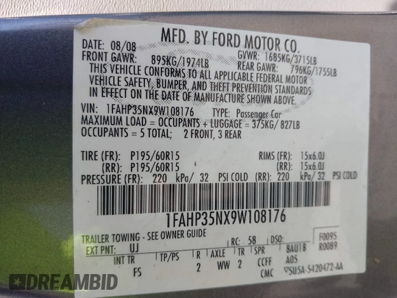 2009 Ford Focus SE with VIN 1FAHP35NX9W108176, listed as a IAAI auction lot 42094209 with 246,714 mi miles. Bid and sale history available at carsss.com. Image 9.