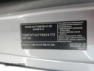 2007 Saab 9-3 Aero z VIN YS3FH71U776004172, wystawiony jako Copart lot #77163204 z przebiegiem Nie podano mil oraz Szkoda całkowita • Salvage title. Historia ofert i sprzedaży dostępna na DreamBid. Obrazek 13.